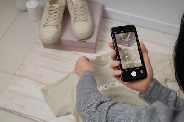 A person's hand holding a smartphone, clearly showing a Shein app screen with a pop-up notification about a new live stream happening now, artistic bokeh background with clothing racks.