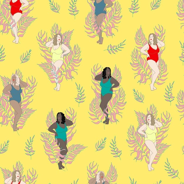 A digital illustration showing various measurement graphics overlaid on a diverse range of plus-size body shapes, indicating precision and tailored fit, with a background of conceptual fashion sketches.