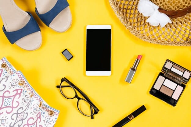 A vibrant flat lay of various Shein clothing items, accessories, and a smartphone displaying a shopping cart with discounted prices.
