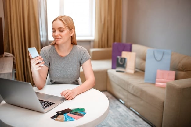 A person happily scrolling through the Shein app on their phone, surrounded by shopping bags and a laptop, indicating ongoing online shopping and smart spending.