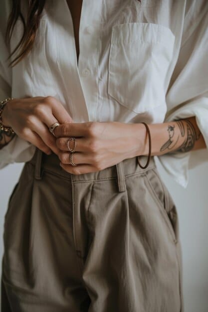 A close-up shot of hands styling a minimalist outfit, adding a delicate gold necklace and a stack of rings to a simple white button-down shirt. The focus is on the details and accessorizing.
