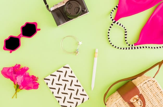 A vibrant flat lay of various Shein garments and accessories, including a colorful geometric print top, a subtle striped skirt, and complementing abstract pattern shoes, arranged artfully to showcase mix-and-match potential.