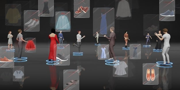 A futuristic mood board showing a diverse group of virtual avatars in fashionable plus-size clothing, overlayed with holographic elements, representing AI-driven design and virtual try-on technologies.