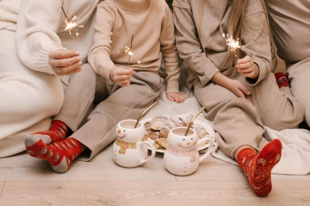 A family gathered around a Christmas tree, dressed in cozy yet stylish holiday loungewear from Shein, sipping hot cocoa, illustrating warmth and comfort.