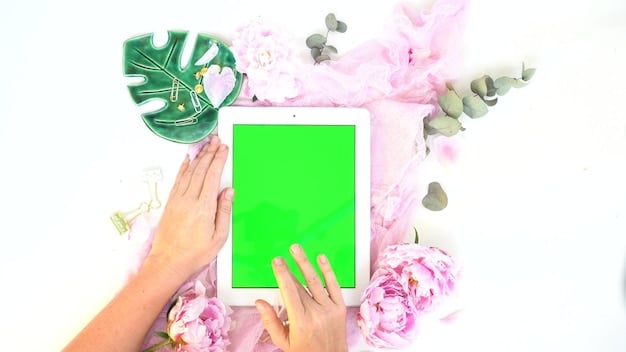 A digital mood board displayed on a clean tablet screen, showing aesthetically pleasing fashion collages with diverse style inspirations, including street style, runway looks, and color palettes. Hands are gently interacting with the screen, suggesting creative exploration. The background is softly blurred to keep focus on the tablet.