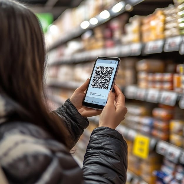 A person using the ShopSavvy app on their smartphone to scan a product barcode in a store, with the app displaying prices from various online and local retailers. The focus is on the convenience and real-time price comparison feature.