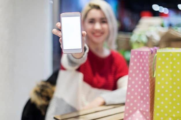 A person holding a smartphone with a retailer's app open, showcasing a personalized discount offer for 20% off. The app's interface is clean and modern, emphasizing the ease of use and the value of the discount. The background shows a cozy living room setting.