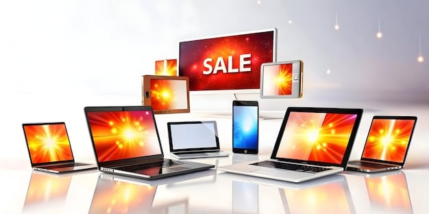 A display of various electronics (TVs, laptops, smartphones) with promotional sale signs indicating discounts during Black Friday. The image emphasizes the importance of seasonal timing for tech purchases.