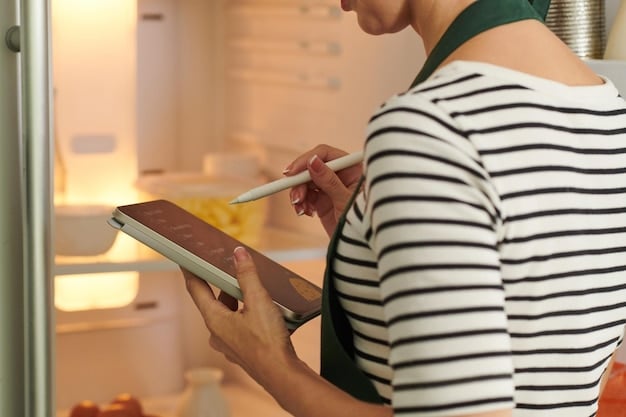 A person carefully reading the fine print of a store's return policy on a tablet device. The background is a bright and modern shopping mall setting. Emphasis on understanding the terms and conditions.