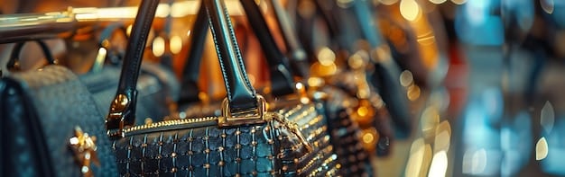 A close-up shot of a well-organized display of designer handbags at an outlet store, showcasing various styles and price tags with significant discounts, highlighting the 