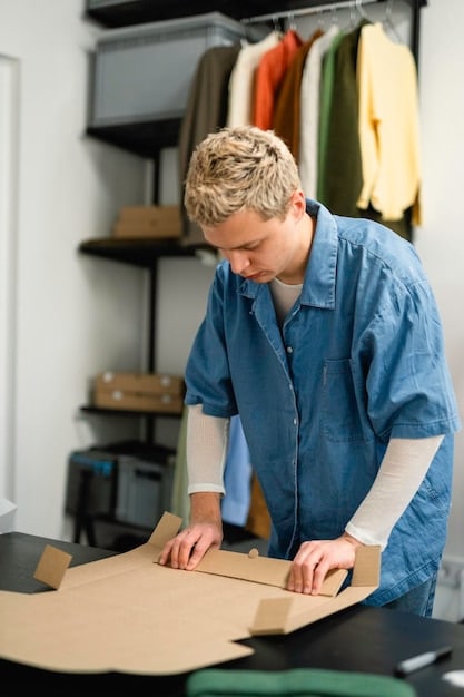 A shopper carefully inspecting the stitching and material quality of a designer jacket at an outlet store, with a focus on the 