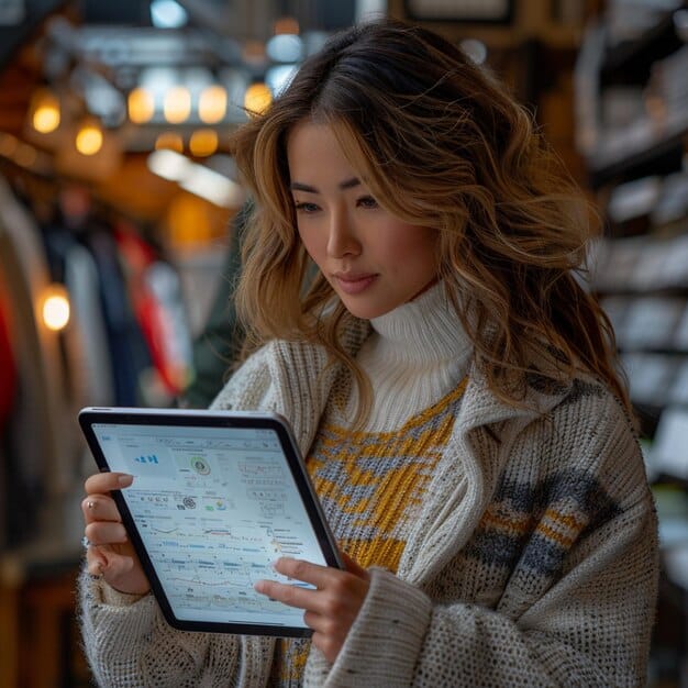 A person using a tablet in a store to view product information and reviews, showcasing The Future of Shopping: What to Expect in the Next 5 Years and How to Prepare through technology integration.