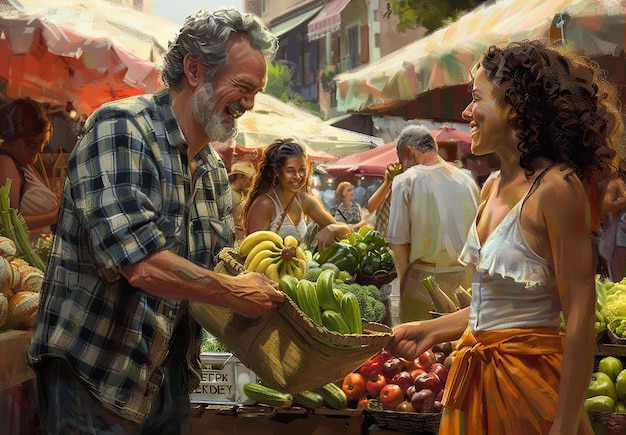 An outdoor farmers market scene, bustling with people buying fresh produce directly from local farmers. Stalls are filled with colorful fruits, vegetables, and artisanal products. Customers are carrying reusable shopping bags, and the atmosphere is vibrant and community-focused. Text overlay reads 