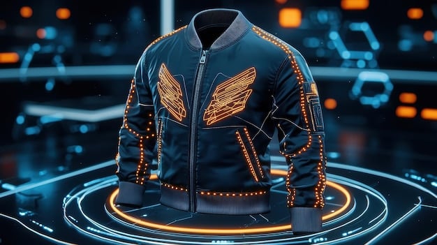 A close-up shot of a futuristic jacket with embedded sensors and LEDs that display dynamic weather patterns and health stats on the sleeve. The jacket showcases a seamless blend of technology and fashion, exemplifying 
