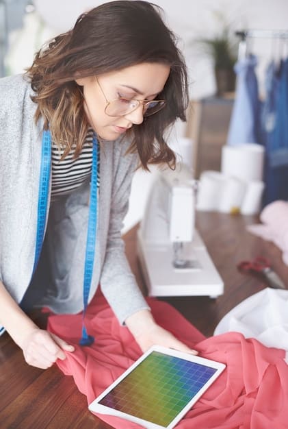 A person using a tablet to design a custom pattern for a dress, with a real-time preview showing the design on a mannequin. The scene highlights the trend of personalization and the integration of technology in fashion, relating to 