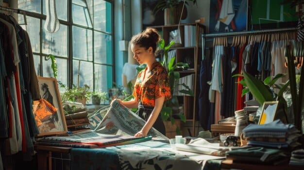 A fashion designer working in a brightly lit studio, surrounded by fabric swatches and design sketches. She is carefully examining a piece of eco-friendly fabric, showcasing the creative process behind Sustainable Style: How Eco-Friendly Fabrics Are Redefining US Fashion Trends.