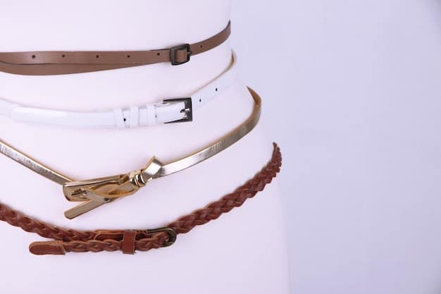 A close-up shot showcasing a collection of statement belts on a textured surface. There are belts with various buckle designs (round, square, ornate), different materials (leather, chain, woven), and a range of colors from classic black and brown to vibrant hues. The focus is on the details and variety of the belts.