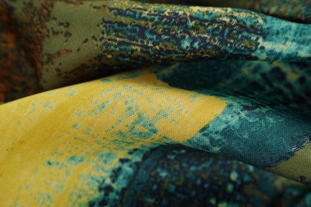 A close-up shot of two fabrics with different print scales. One fabric features a large, bold floral pattern, while the other has a small, delicate geometric print. The fabrics are arranged side-by-side to showcase the contrast in scale. The image emphasizes the ultimate guide to mixing and matching prints: elevate your US wardrobe by demonstrating how different sized prints can be combined.