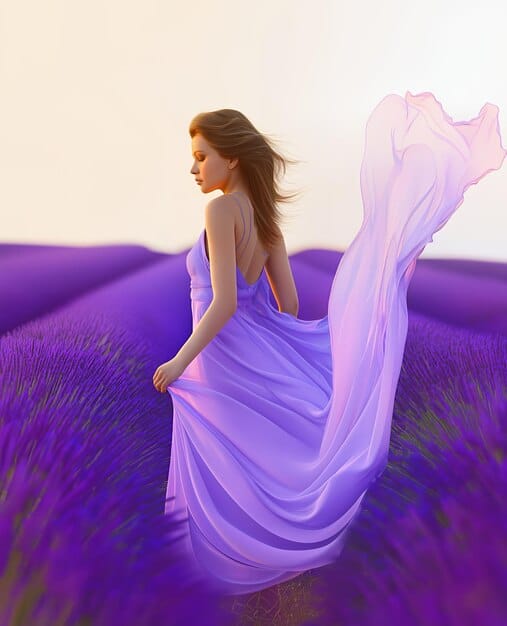 A model on a runway wearing a flowing lavender dress. The image highlights the fabric's texture and the dress's movement, emphasizing the color's softness and elegance. Showcases the color being part of the 'Spring 2025 Fashion Forecast: 7 Must-Have Colors Dominating US Runways'.