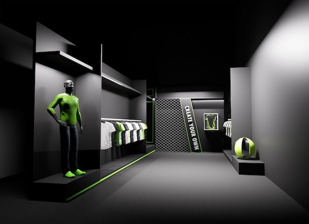 A futuristic store display featuring 3D-printed athletic shoes with customizable designs and integrated wearable tech that tracks performance; showcasing how technology enhances both functionality and style in Athleisure 2.0.