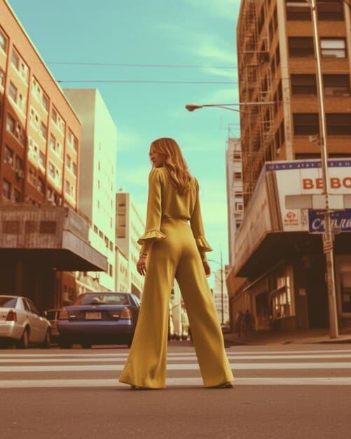 A model walking down a city street wearing a modern interpretation of a 1980s power suit. The suit features bold shoulders and a vibrant color, paired with contemporary accessories that highlight the fusion of retro inspiration and current trends. This captures the essence of The Return of Retro: Vintage-Inspired Fashion Trends Making a Comeback in the US.
