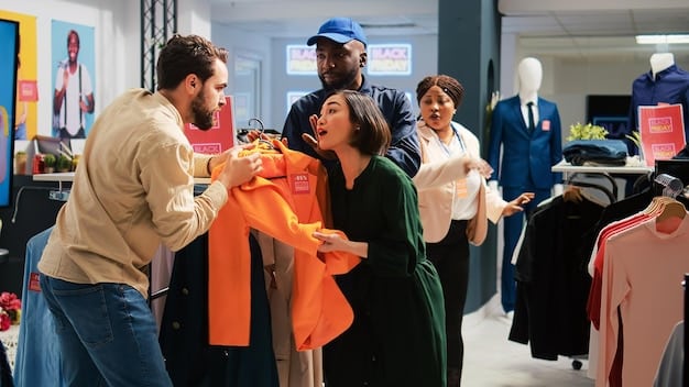 A group of diverse people are shopping in a modern clothing store, trying on different outfits and smiling. The store features mannequins of various sizes and ethnicities, promoting body positivity in fashion: celebrating diversity and inclusivity in US styles.