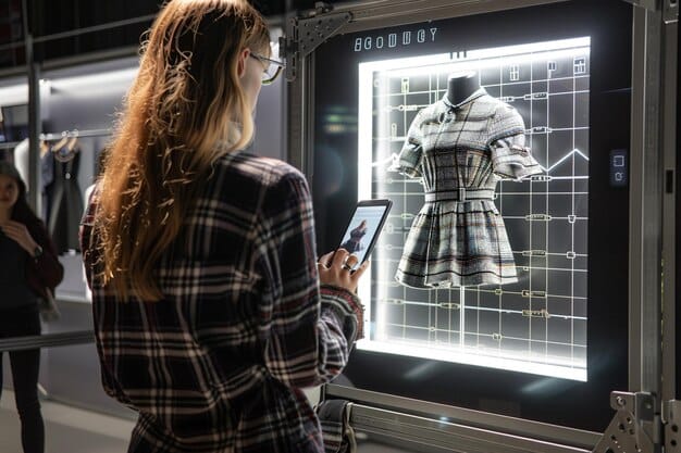 A futuristic fashion designer using AI software on a large screen to create a new garment design. The software displays real-time trend analysis and material suggestions, highlighting the integration of technology and creativity in The Future of Fashion: Exploring Innovative Technologies and Materials in the US.