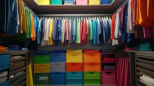 A well-organized closet with clothes arranged by color and type, featuring a variety of storage solutions such as hanging rods, shelves, and labeled bins. The closet conveys a sense of order, elegance, and efficient space utilization in a home in the US.