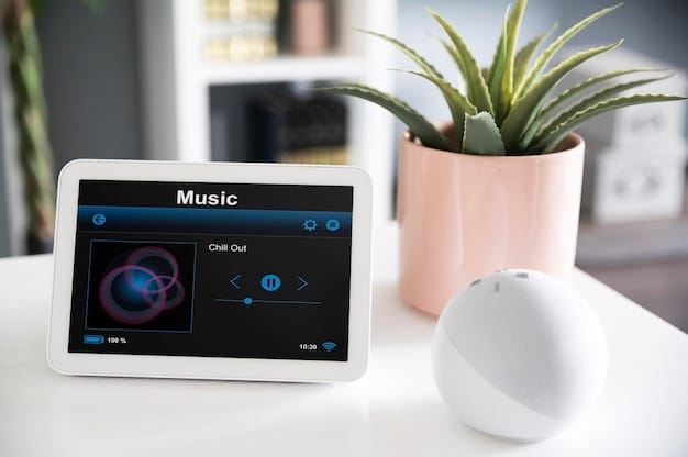 A close-up of a smart home hub device (e.g., Amazon Echo, Google Nest Hub) displaying a dashboard interface with various connected smart appliances and their current statuses. The interface shows control options for lights, temperature, and security systems.
