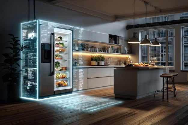 A modern kitchen featuring a stainless steel smart refrigerator with its door open, revealing a well-organized interior and a built-in touchscreen displaying a shopping list. A person is interacting with the touchscreen.