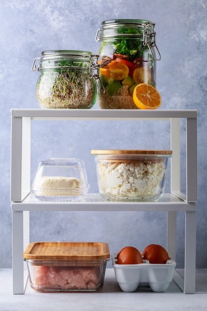 An organized kitchen pantry with clear containers labeled with food categories, demonstrating effective organization and minimal food waste. The image supports the section's focus on conquering kitchen clutter within the 'Declutter Your Home in 7 Days: A Step-by-Step Guide to a Minimalist Lifestyle in 2025.'