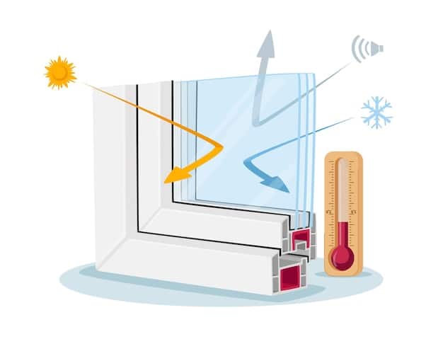 A cutaway illustration showing the layers of an energy-efficient window, highlighting the low-E coating, gas fill between panes, and insulated frame. Text labels identify each component. The glass is a key tool toward Energy-Efficient Windows: How to Save Up to 15% on Your Home Heating Bills This Winter.