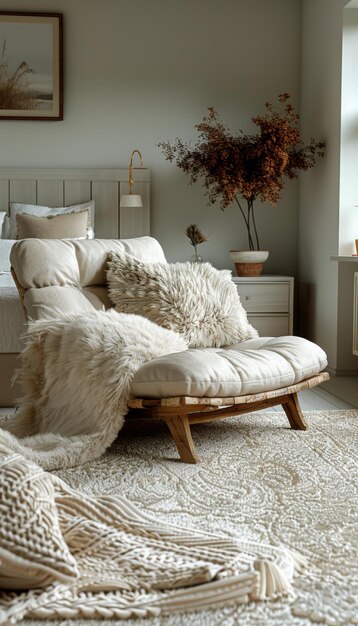 A cozy bedroom featuring plush carpet flooring in a neutral beige color. The room has soft lighting, and the furniture includes a comfortable bed with decorative pillows. The overall ambiance is warm and inviting.