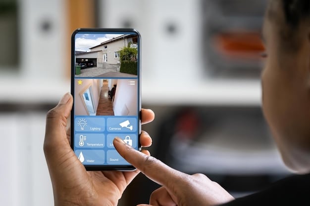 A smartphone displaying a home security app interface, showing live camera feeds and options to control smart locks and alarms. The focus is on the user-friendly design and seamless integration. The scene is about Home Security Systems: What's New for 2025 and How to Protect Your Family.