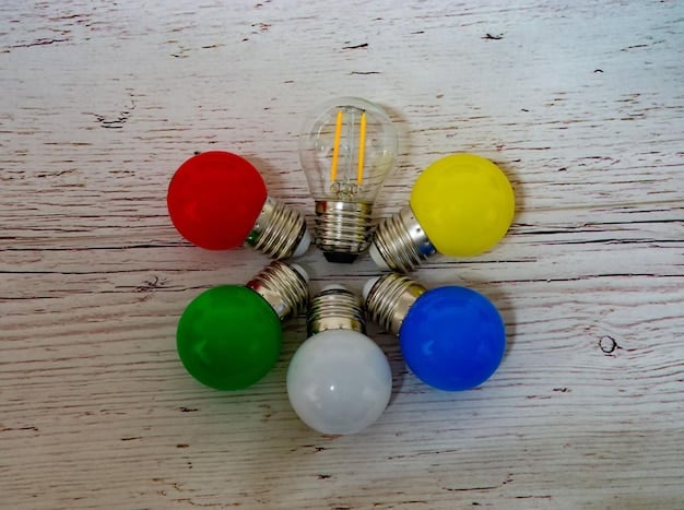 A close-up shot of a variety of smart light bulbs showing their different shapes and features, displayed against a backdrop simulating a well-organized smart home setup. Focus on highlighting the technological aspects of the bulbs related to Smart Lighting: How to Automate Your Home and Save Money on Electricity.