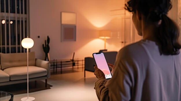 A person using a smartphone app to control the lighting in their living room, showing how the app interfaces with a smart lighting system for Smart Lighting: How to Automate Your Home and Save Money on Electricity. The room should appear cozy and inviting, set to the user's preference through the app.