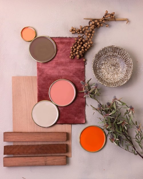 A close-up of a color palette featuring a range of earthy tones, including terracotta, sage green, and warm beige. The palette is arranged on a textured canvas, with small paint swatches displaying the depth and richness of each color. The natural light softly illuminates the colors, emphasizing their organic feel and highlighting their suitability for creating a calming, nature-inspired interior.