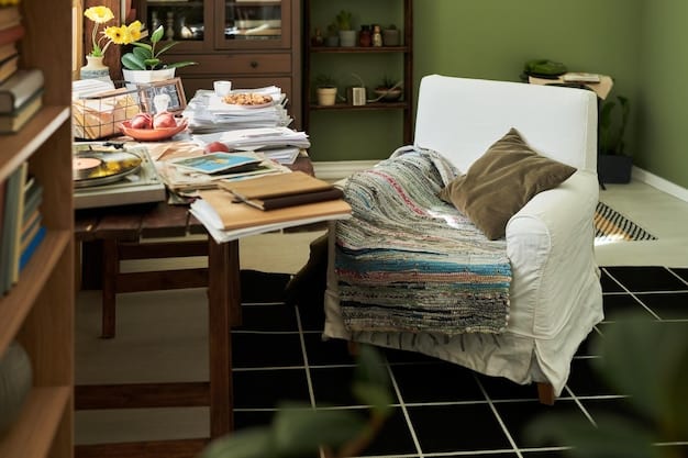 A split-level image showcasing a before-and-after of a messy, cluttered room transformed into an organized space with multi-functional furniture, such as a sofa bed and storage shelves.