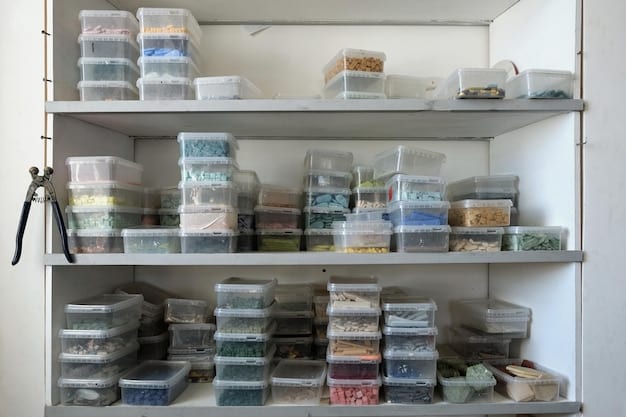 A close-up photo of a well-organized pantry with clear storage bins, neatly stacked shelves, and labels on each container, showcasing an example of decluttering and organization as part of DIY Home Improvement Projects: Easy and Affordable Ways to Upgrade Your Living Space.