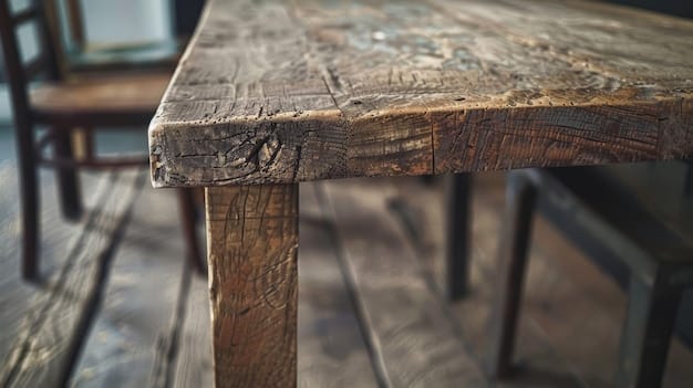 A close-up shot of a coffee table made from reclaimed wood, with visible grains and knots. A small potted succulent sits on top, and a vintage book rests beside it. The surrounding decor includes a knitted throw and a ceramic mug. The image highlights the beauty and texture of sustainable materials.