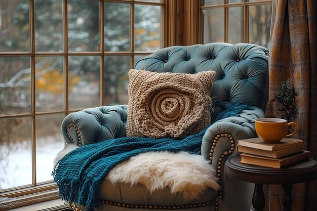 A cozy reading nook featuring a plush velvet armchair in a deep teal color, layered with a chunky knit blanket. The wall behind is painted in a warm gray tone, and a floor lamp with a brass finish illuminates the scene. The textures and colors create a sense of comfort and luxury.