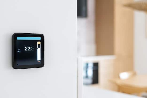 A close-up shot of a smart thermostat controlling the temperature in a home. The thermostat displays energy usage statistics, highlighting the potential for energy savings. The background shows a modern, minimalist living room. This image represents energy efficiency and smart home technology for Creating a Sustainable Home: Eco-Friendly Tips and Products for 2025.