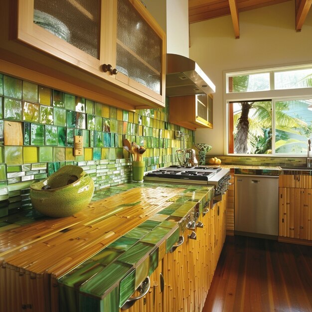 A brightly lit kitchen featuring countertops made from recycled glass and cabinets made from reclaimed wood. The backsplash is made of sustainable tiles, and energy-efficient lighting fixtures illuminate the space. This represents eco-friendly materials for Creating a Sustainable Home: Eco-Friendly Tips and Products for 2025.