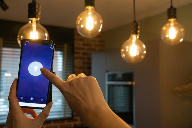 A close-up of a person using a smartphone to control a smart light bulb. The phone screen displays a color wheel, and the light bulb is emitting a warm, adjustable light, illustrating the ease and customization of smart lighting within Home Automation on a Budget: Affordable Smart Home Devices for 2025.