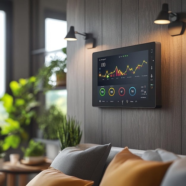 A smart thermostat mounted on a wall, displaying energy usage statistics. The screen highlights energy savings and eco-friendly settings, emphasizing how Home Automation on a Budget: Affordable Smart Home Devices for 2025 leads to cost-effective energy management.