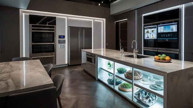 A modern kitchen with stainless steel appliances, clean countertops, and stylish bar stools. The lighting is bright and inviting, showcasing the kitchen as a functional and appealing space. A small vase of flowers adds a touch of warmth. How to Stage Your Home for Sale: Tips and Tricks to Attract Buyers in 2025 is subtly reflected in the overall design's attention to detail.