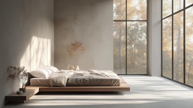 A well-lit and airy bedroom staged with a minimalist design, featuring a comfortable bed with soft linens, a small nightstand with a lamp, and a piece of modern art on the wall. The room exudes tranquility and simplicity. The lighting is carefully chosen to enhance the sense of calm and relaxation, supporting the concept of How to Stage Your Home for Sale: Tips and Tricks to Attract Buyers in 2025.