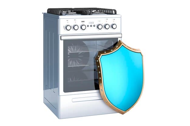 A close-up image of various household appliances (refrigerator, oven, washing machine) with a protective shield overlayed on top, visually representing the protection offered by a home warranty. The style is clean and modern, fitting for a 2025 context.