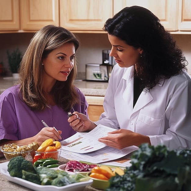 A close-up of a doctor explaining an intermittent fasting plan to a female patient in her late 50s. The doctor is pointing to a chart that outlines different fasting schedules and nutritional information. The patient is looking at the doctor attentively, holding a pen and notepad, indicating a collaborative and informed approach to dietary changes. This visual ties directly into the theme of 'Is Intermittent Fasting Safe? New 2025 Guidelines for US Adults Over 50' by emphasizing professional guidance and personalized health plans.