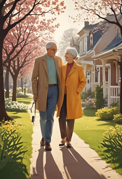 An elderly couple is walking briskly in a park, engaged in an animated conversation. They are both dressed in athletic wear, suggesting an active and healthy lifestyle. Sunlight filters through the trees, creating a vibrant and positive atmosphere. The image conveys a sense of well-being and the potential for improved health through lifestyle choices, which ties into the broader discussion of 'Is Intermittent Fasting Safe? New 2025 Guidelines for US Adults Over 50' by showcasing the importance of overall health and fitness alongside dietary practices.